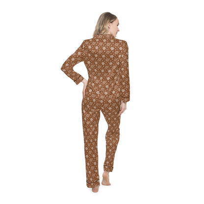 Womens Brown Coffee Snowflakes Satin Pajamas