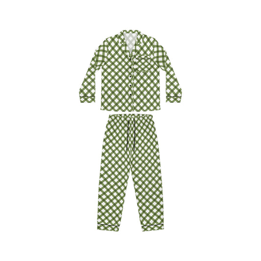 Womens Green Grid Delight Satin Pajamas