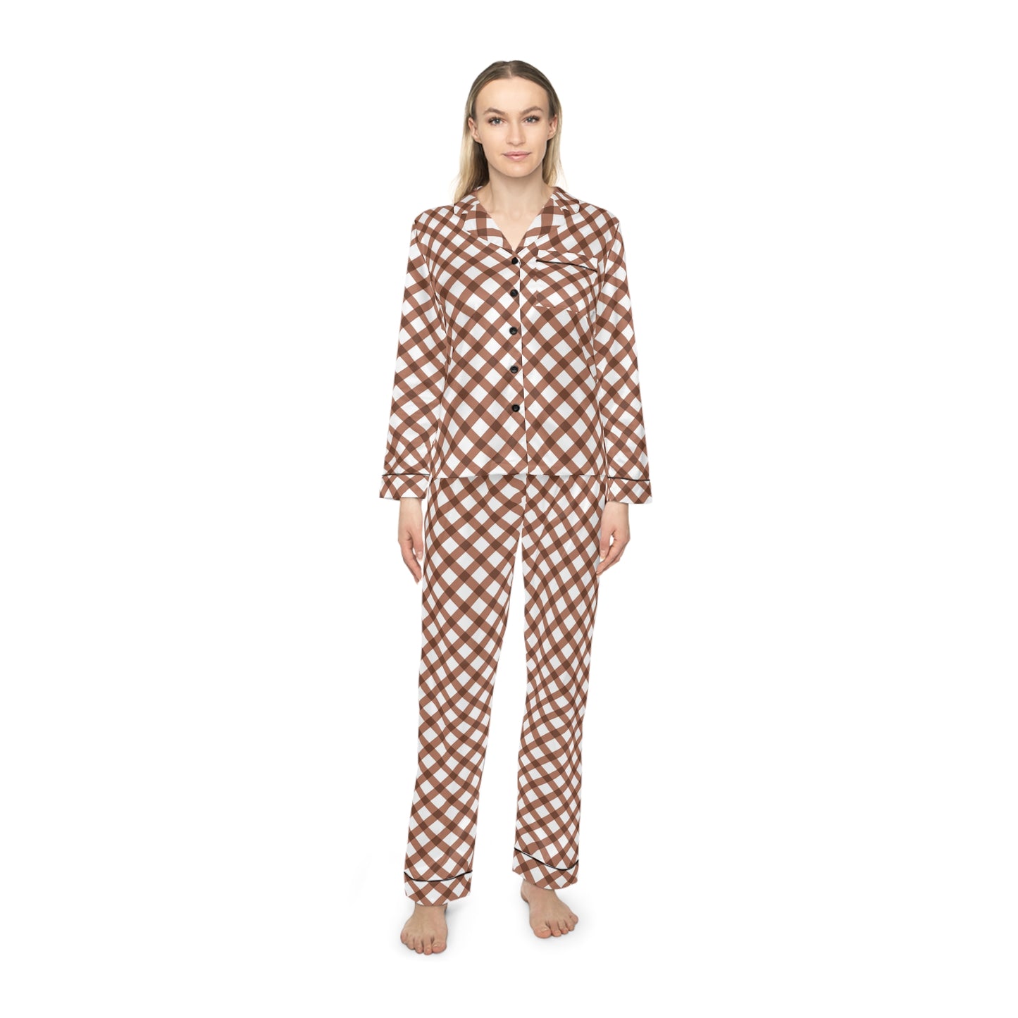 Womens Brown Grid Delight Satin Pajamas