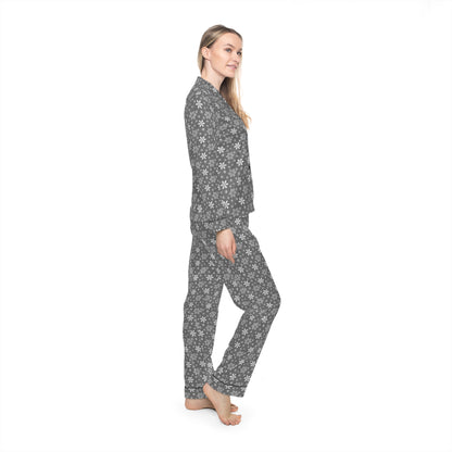 Womens Gray Snowflakes Satin Pajamas