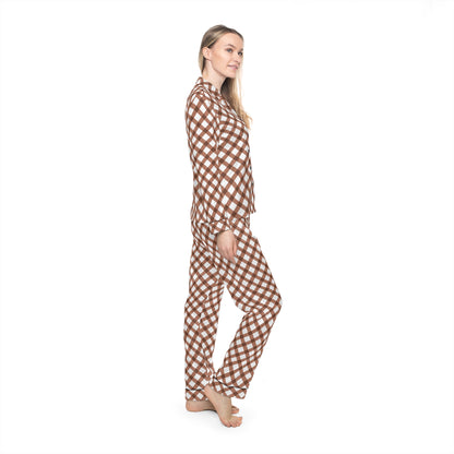 Womens Brown Grid Delight Satin Pajamas