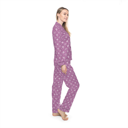 Womens Lavender Rose Snowflakes Satin Pajamas