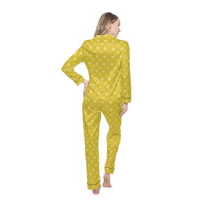 Womens Golden Yellow Snowflakes Satin Pajamas