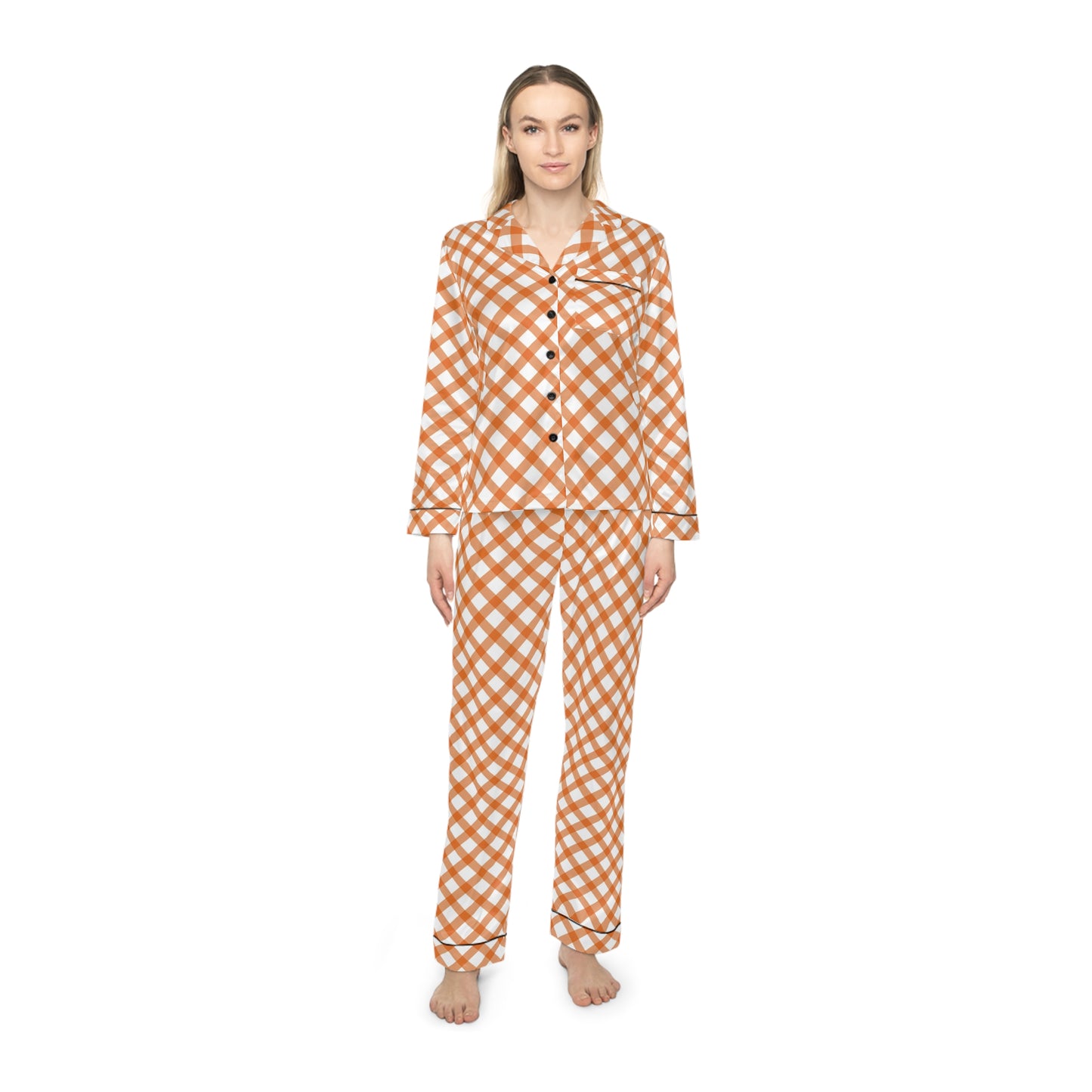 Womens Orange Grid Delight Satin Pajamas