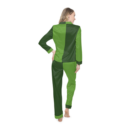 Womens Green Color-Block Pajama Set