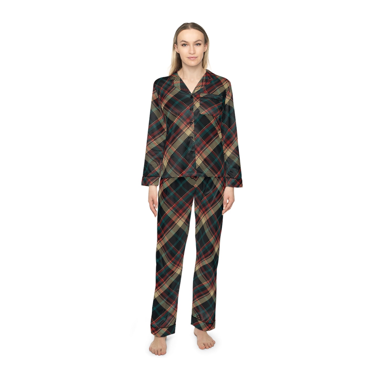 Womens Holiday Plaid Satin Pajamas