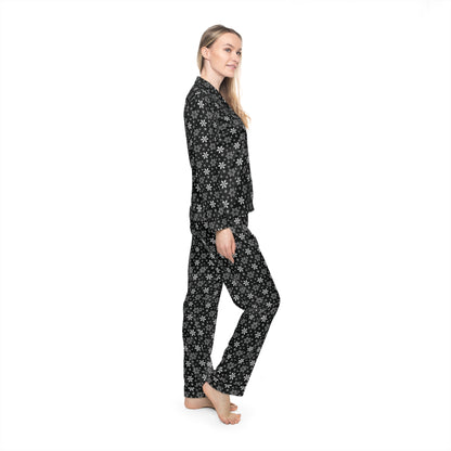 Womens Black Snowflakes Satin Pajamas