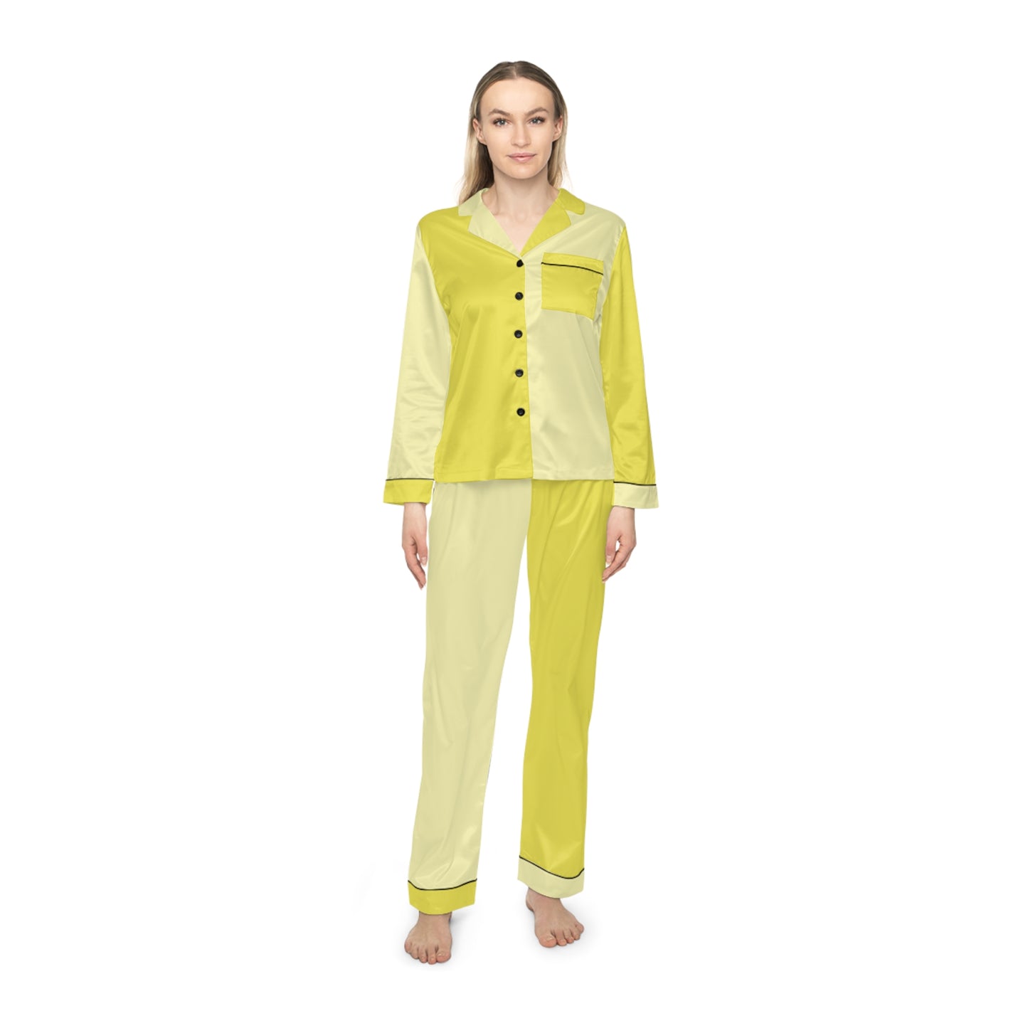 Womens Yellow Color-Block Pajama Set