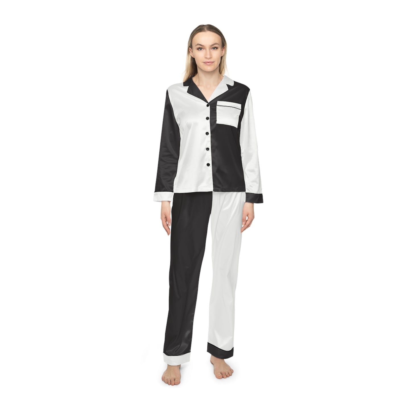 Womens Black and White Color-Block Pajama Set