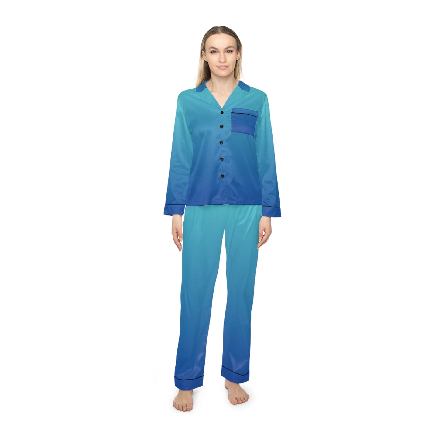 Womens Blue Ombre Satin Pajama Set