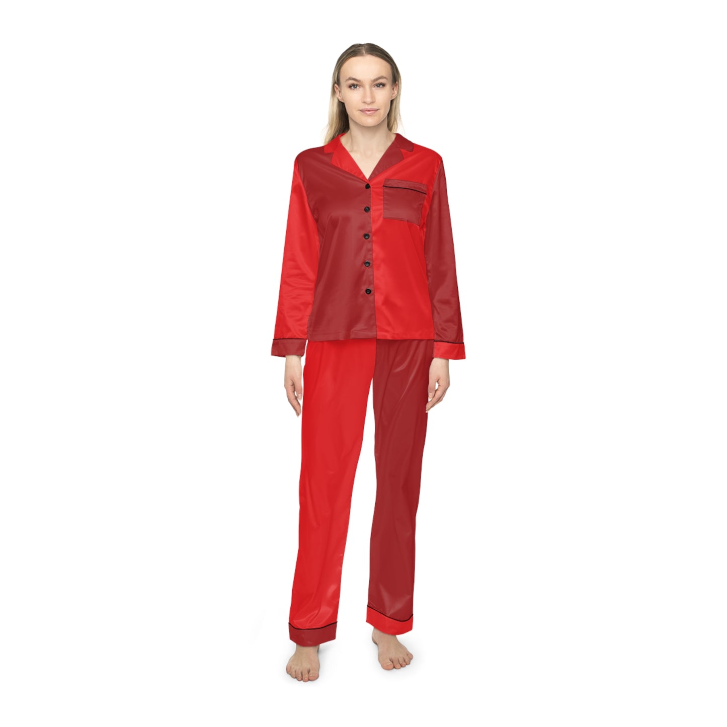 Womens Red Color-Block Pajama Set