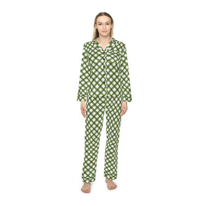 Womens Green Grid Delight Satin Pajamas