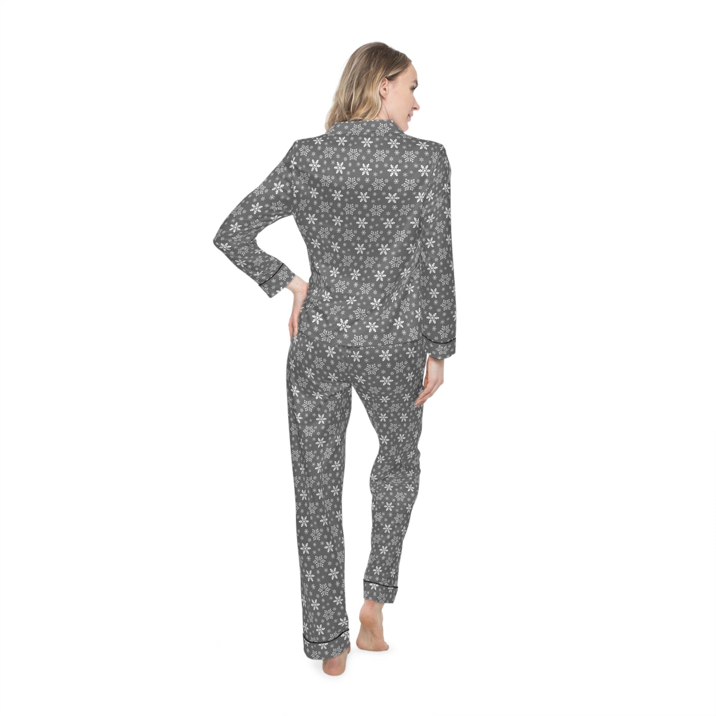 Womens Gray Snowflakes Satin Pajamas