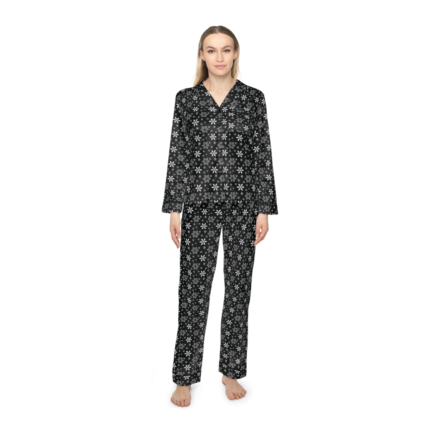 Womens Black Snowflakes Satin Pajamas