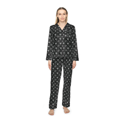 Womens Black Snowflakes Satin Pajamas