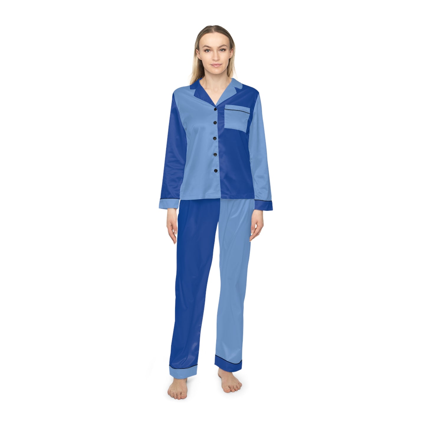 Womens Blue Color-Block Pajama Set