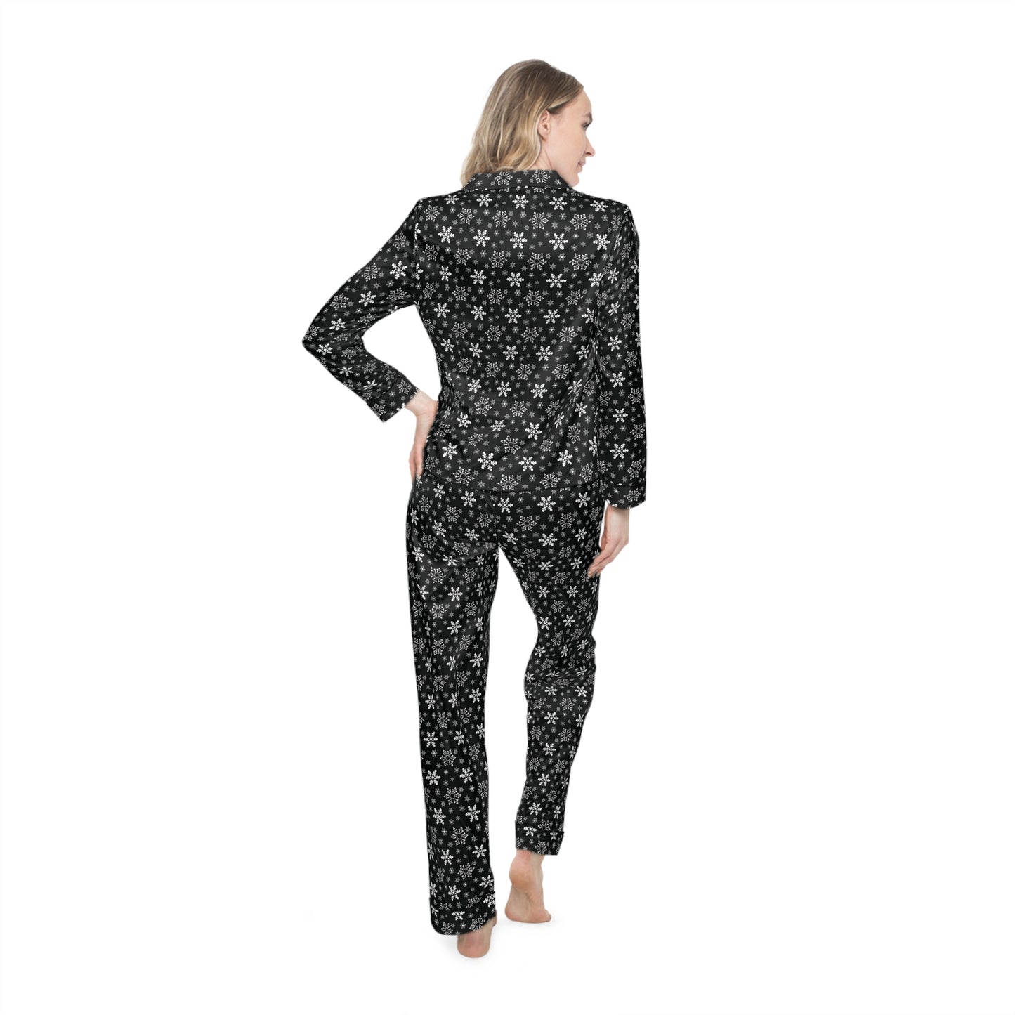 Womens Black Snowflakes Satin Pajamas