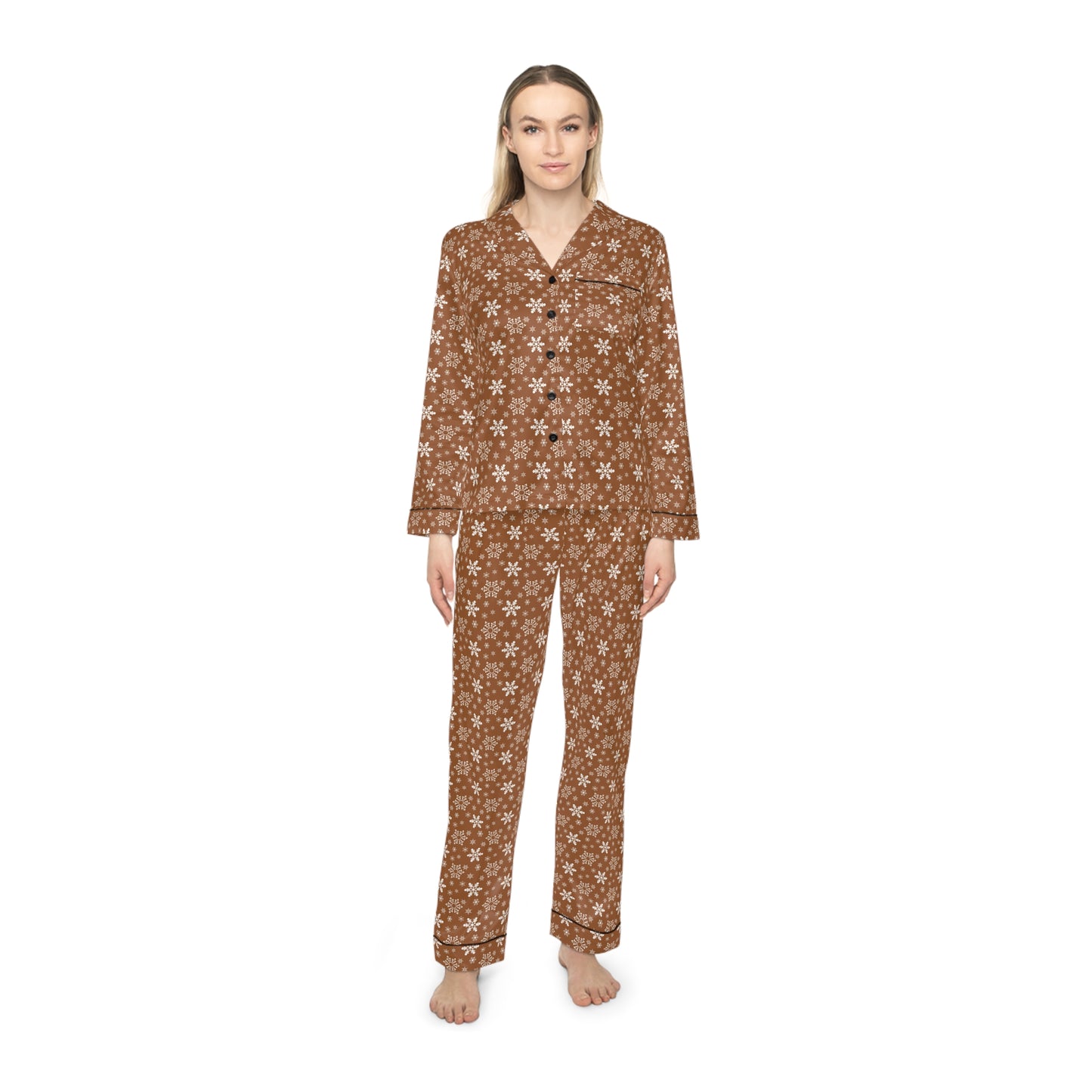 Womens Brown Coffee Snowflakes Satin Pajamas