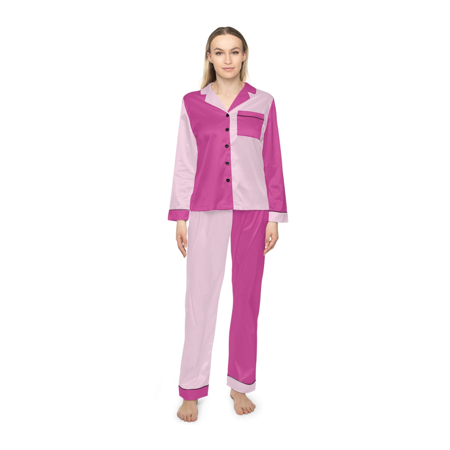 Womens Pink Color-Block Pajama Set