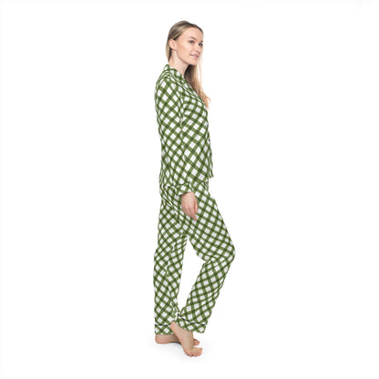 Womens Green Grid Delight Satin Pajamas